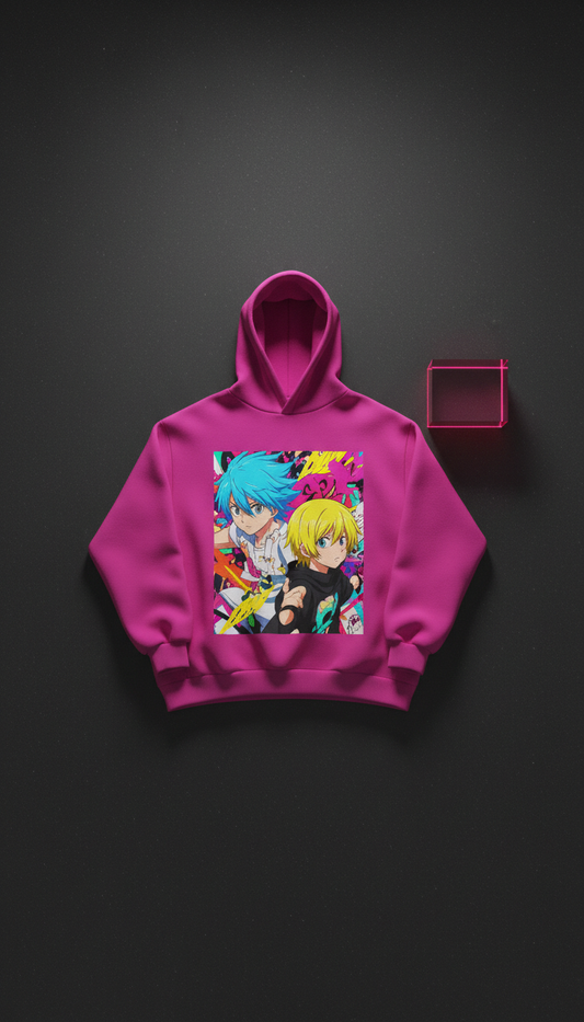Electric Magenta Oversized Hoodie With Anime Back Print